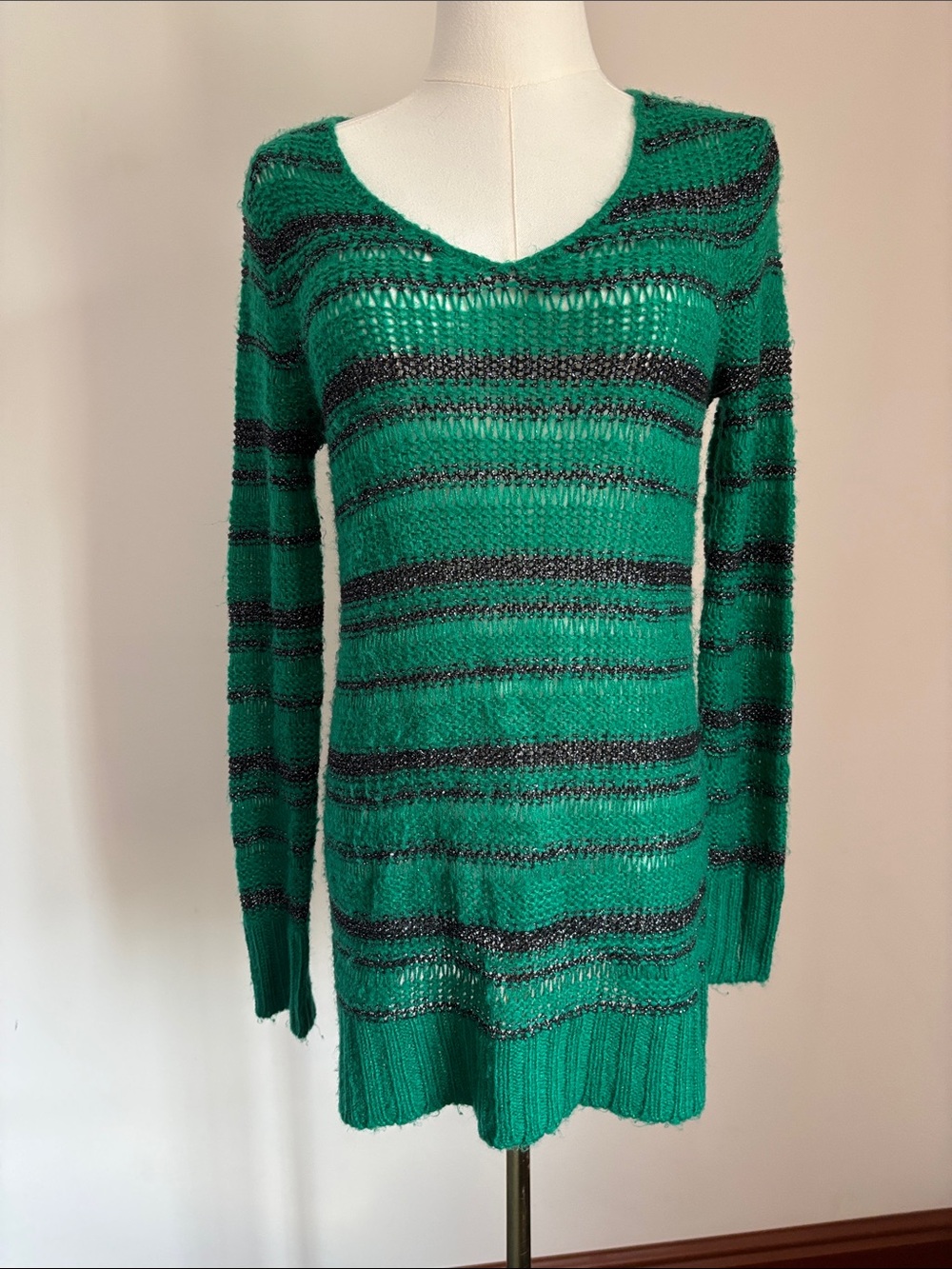 Motherhood Emerald and Black Striped V-Neck Sweater